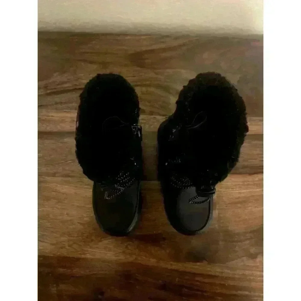 Totes Winter Snow Boots Toddler 8 Black Faux Leather Faux Fur Rainbow Hearts